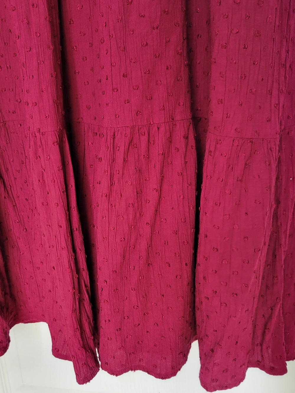 LOFT Cranberry Red Swiss Dot Tiered Midi Dress Gold Buttons Women's Size XL - Picture 6 of 9